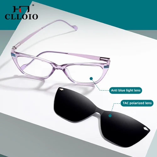 Imagen 2 del producto CLLOIO, nuevo estilo, gafas de lectura con Clip magnético para mujer, gafas graduadas para miopía con forma de ojo de gato, gafas de sol polarizadas 2 en 1 para conducir