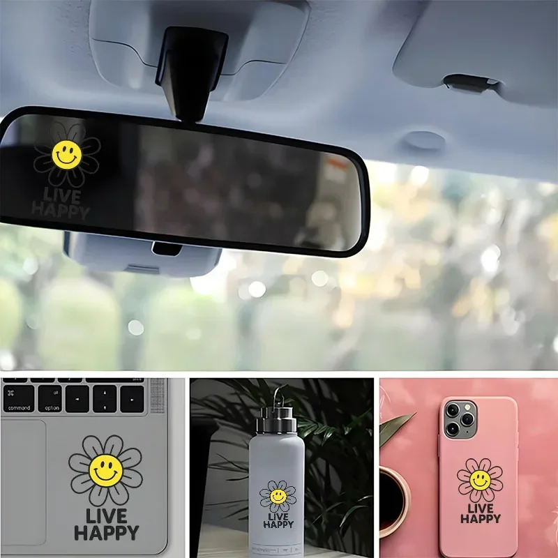 Live Happily Positive Energy Smiling Face Flower Sticker Waterproof Vinyl Decal For Car Mirror Motorcycle Laptop Bottle Decor