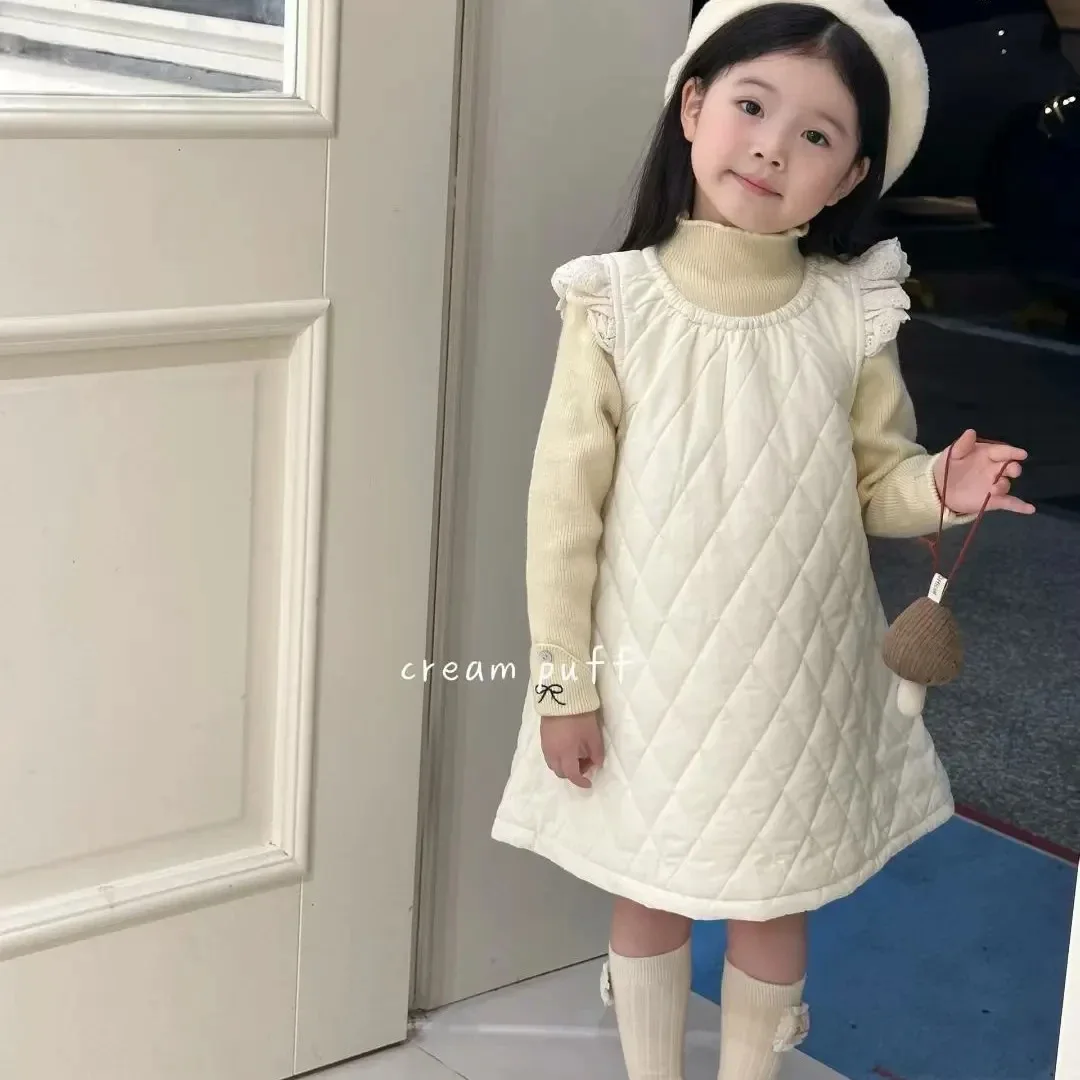 

Girls' Autumn and Winter Padded Floral Flying Sleeve Strap Skirt Baby Girl Dress Korean Children's Winter Thickened Cotton Skirt