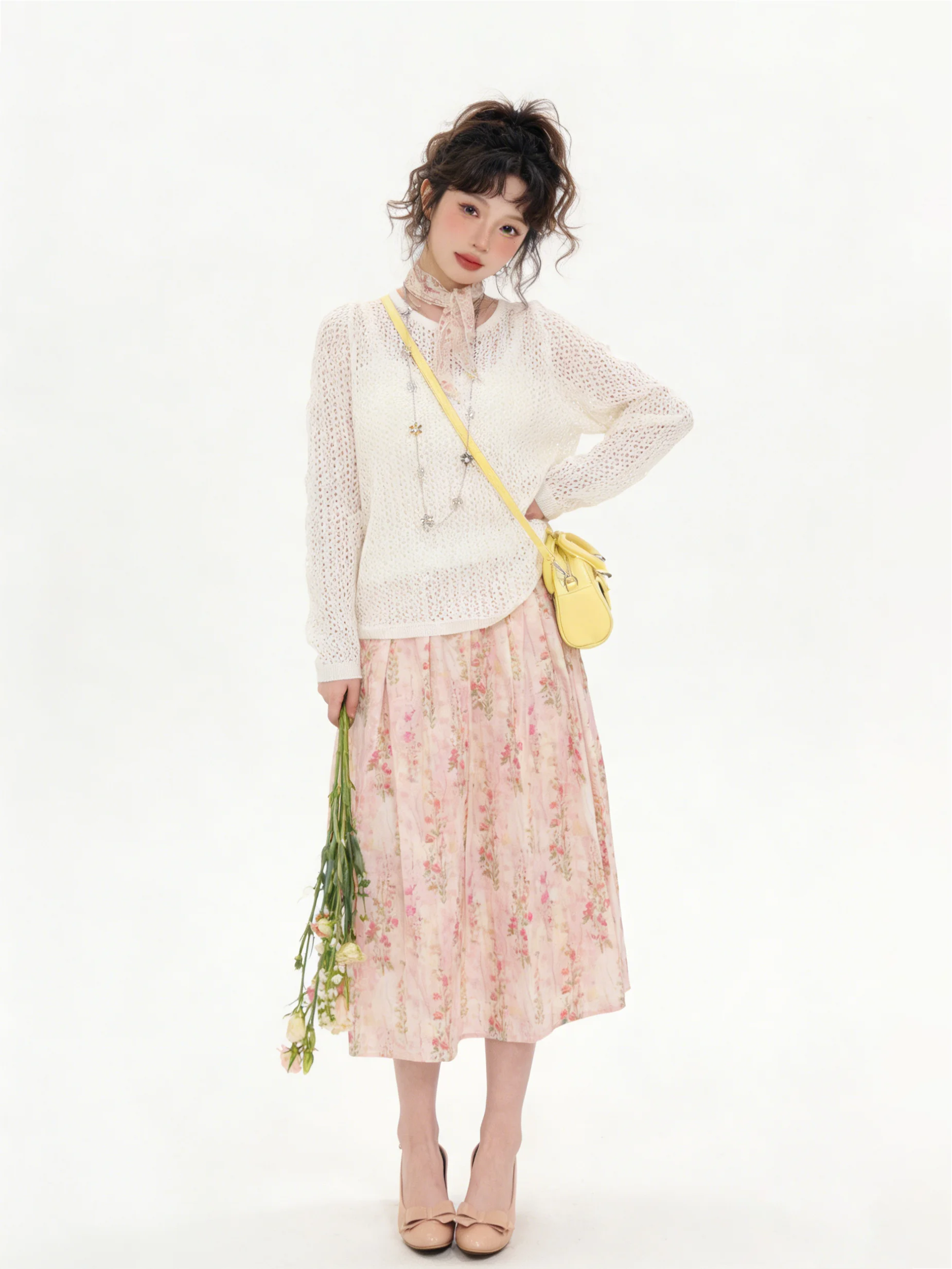

Soft Breeze Long Sleeve Hollow out Knitted Cover up Three Piece Set Floral Print Halter Neck Skirt Spring Summer Women's...