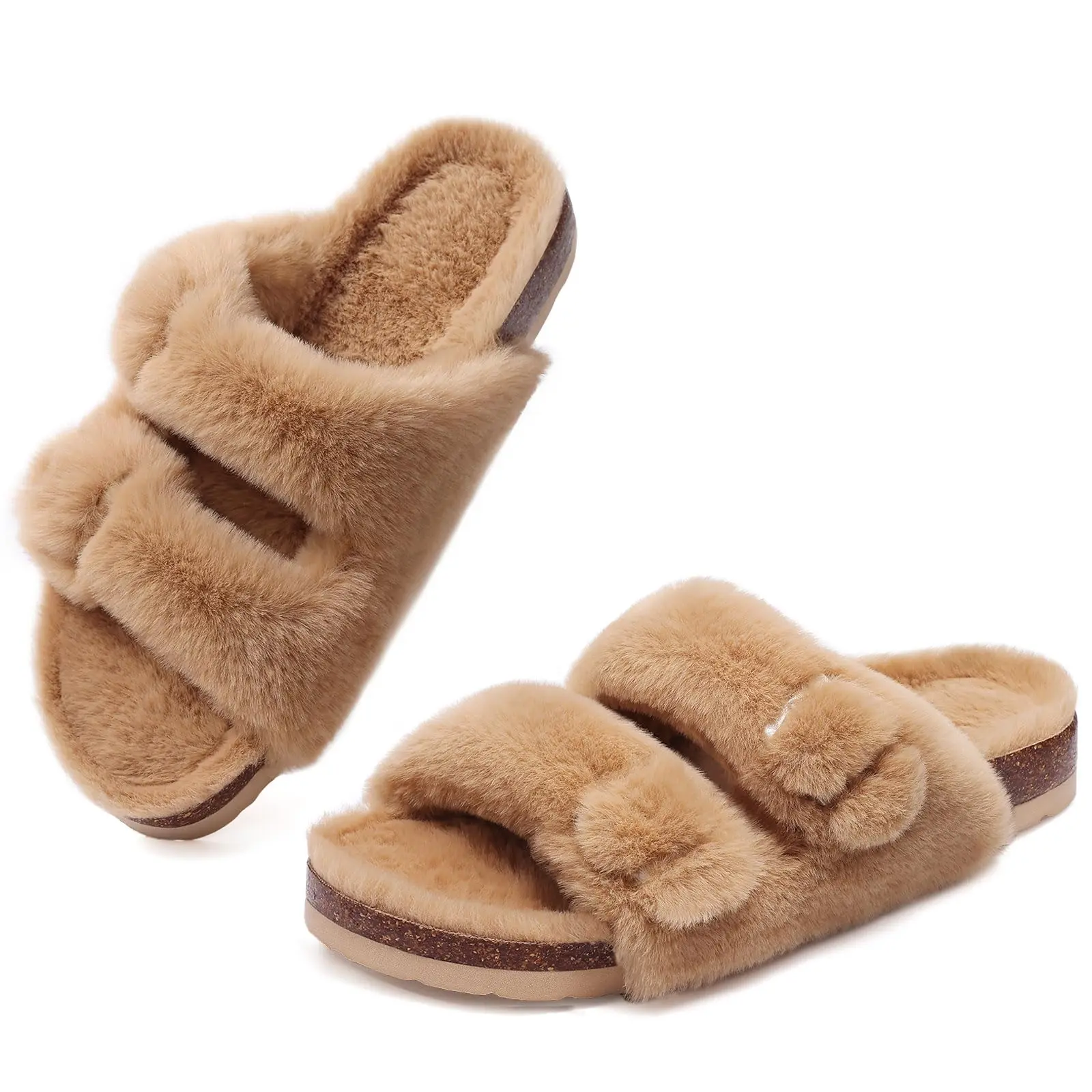 Sheval ues Fuzzy Slipper Frauen Kork Fußbett flauschige Rutsch sandalen Open Toe Indoor House Schuhe mit Bogen Unterstützung verstellbare Schnalle