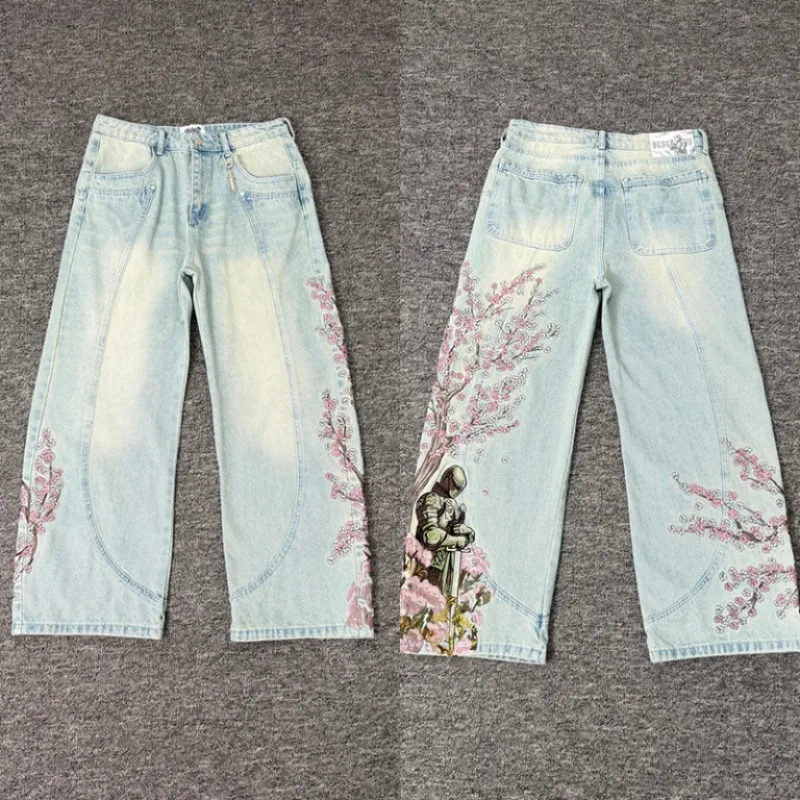 Unisex Vescartes Oriental Samurai Blossom Print Wide Leg Baggy Denim Jeans
