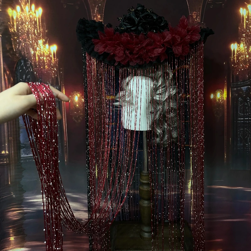 

Long Tassel Widow Hat for Holiday Gothic Lolita Headdress for Women Black Red Victorian Bonnet for Costume Party DIY Witch Caps