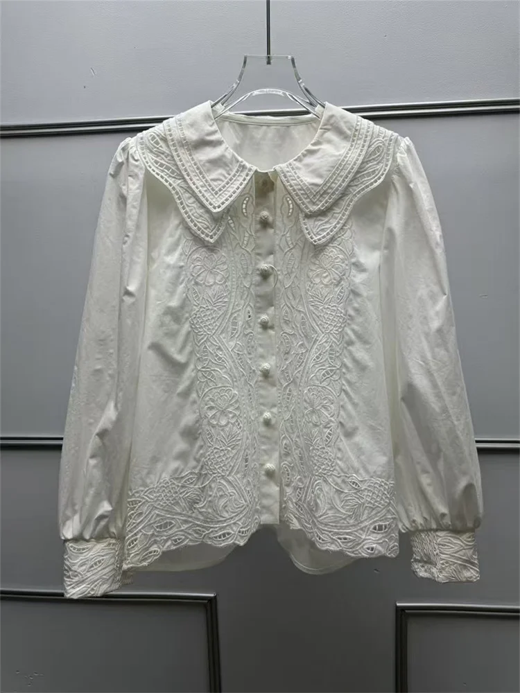 Chemise Double couche en coton brodé au Crochet pour femmes, col Peter Pan, manches longues, haut pour dame, printemps 2026