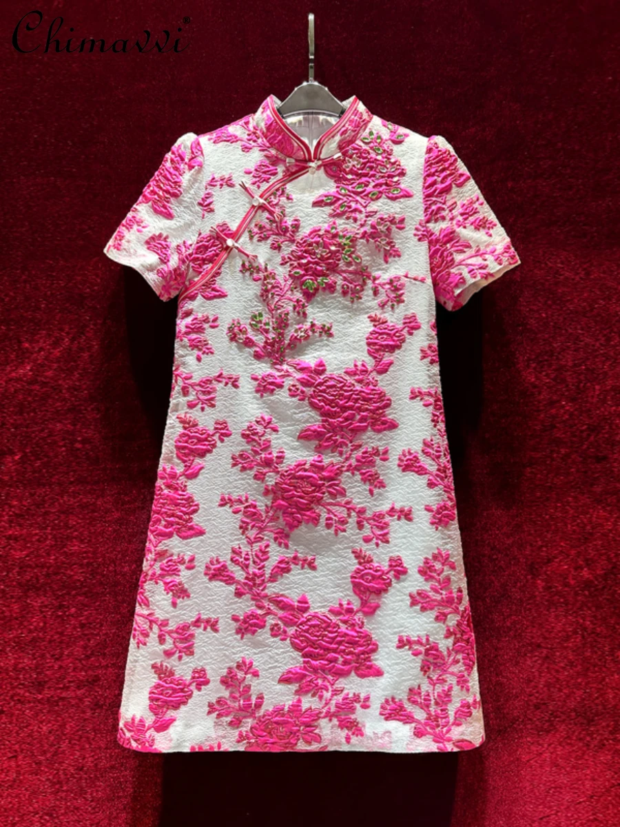 

Chinese Style Beads Improved Cheongsam Dress Female Summer New Fashion Slim Short Sleeve Short Elegant Above Knee Dresses Women