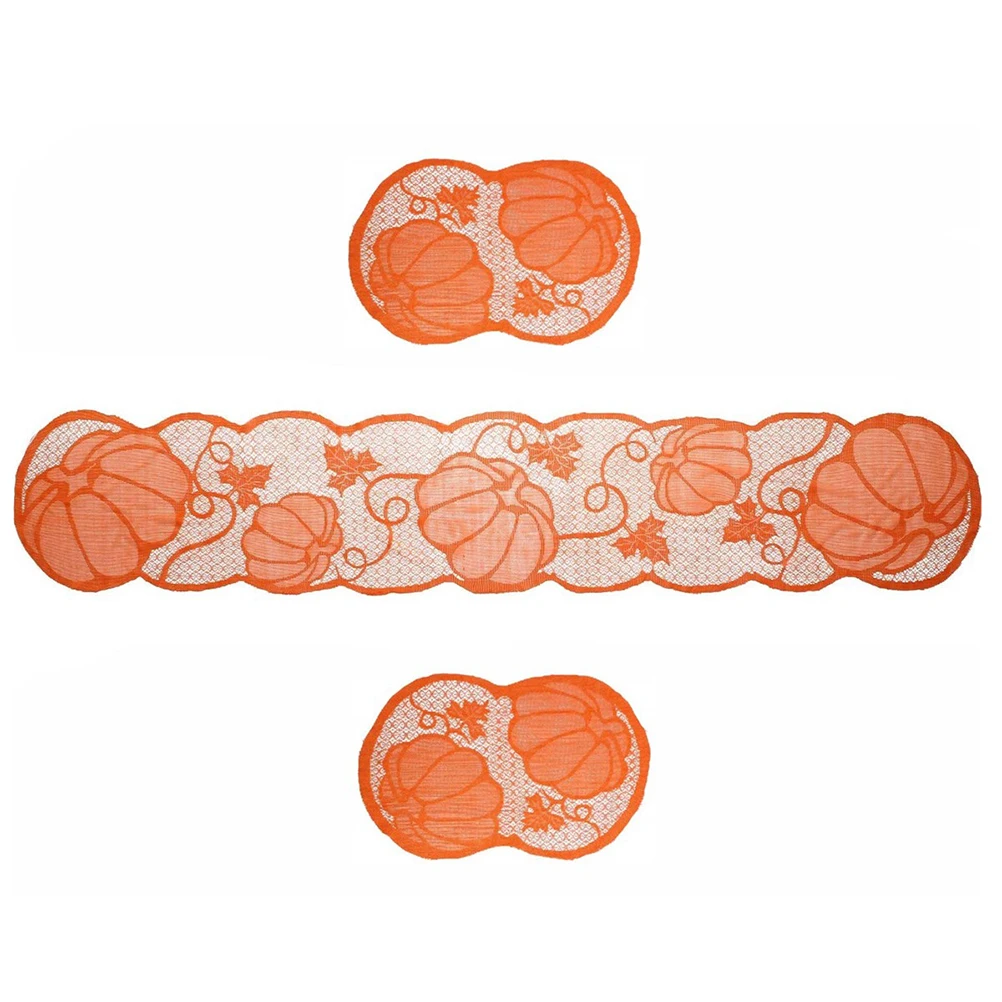 

3pcs Thanksgiving Hollowed Pumpkin Lace Table Runner Mats Orange Foldable Reusable Polyester Decor For Party Restaurant Home