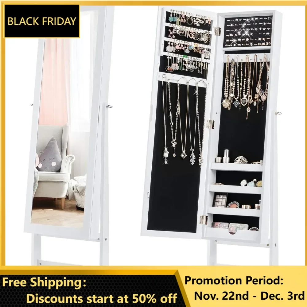 Jewelry Cabinet with Full-Length Mirror,  64 Earring Slots, 72 Ring Slots, 20 Necklace Hooks Standing Jewelry Armoire Organizer