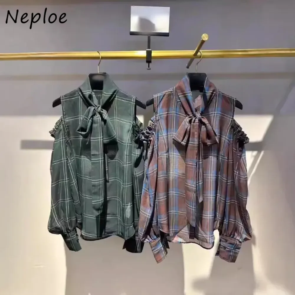 Neploe Vintage Simple Stand Collar Lantern Sleeve Plaid Shirt Off Shoulder Tie All-match Blusas Japan Print Button New Blouses