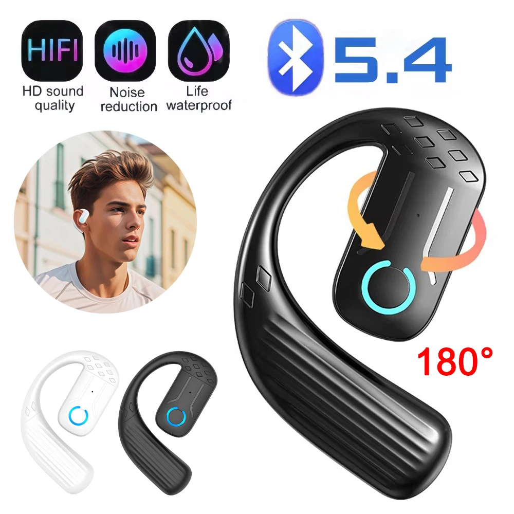 Wireless Bluetooth Earphones For Single Ear Wearing Earhooks Headset Rotatable 180 Earbuds Touch Control Business Earphones