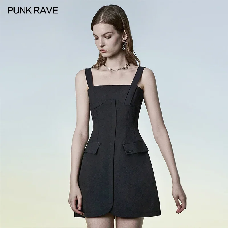 

PUNK RAVE Women's Gothic "Revelation" Series Collect Waist A-shape Fitting Slip Dress Slim Fashion Sexy Small Black Dresses