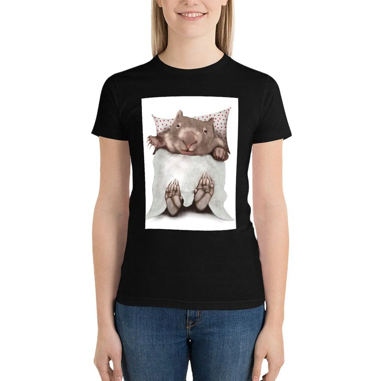 Wombat in Bed T-Shirt Female clothing plus size tops Aesthetic clothing summer tops t shirts for Womens