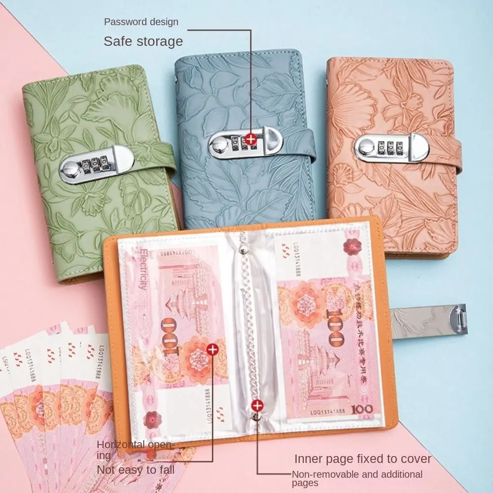 With Password Lock 100 Envelopes Money Saving Challenge Embossed Flower PU Money Collection Book Large Capacity Waterproof