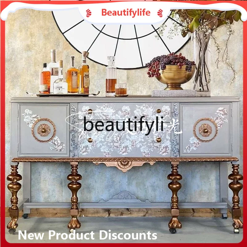 

CQY Vintage Solid Wood Carved Entryway Cabinet American Style Painted Floral Decorative Cabinet Wall-Mounted Storage Cabinet