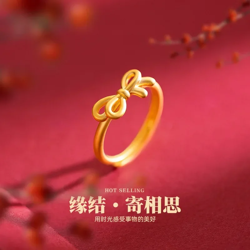 9999 Real Gold 24K Fashion Sweet Gold Edition Bow Women's Ring Korean Edition Student Fashion Cute Love Tie Live Ring Women