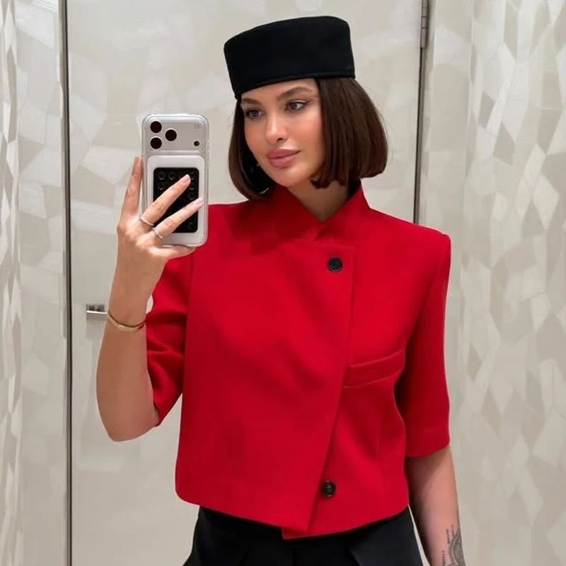 White Blazer Women's Jacket Fitted Short Sleeve Blazer Woman Casual Cropped Jacket Elegant Female Summer Vest Chic Women's Coat