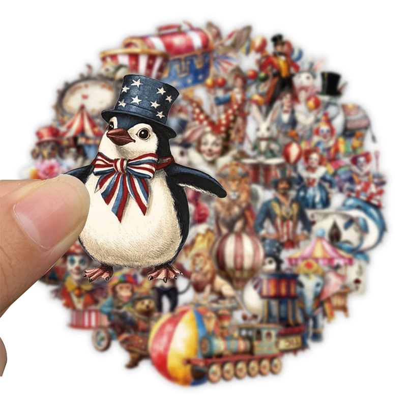 50 قطعة ملصقات السيرك خمر مهرج شفاف ، الحيوان ، خيمة ، الرجعية كرنفال السيرك ملصق مائي مقاوم للماء PET للحرف المجلية