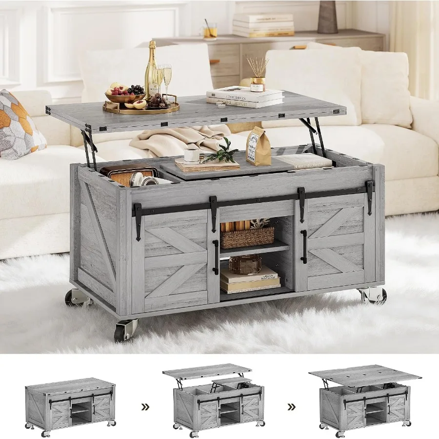 4 in 1 Farmhouse Lift Top Coffee Table with Storage for Living Room, Grey Engineered Wood, Smooth Lift Mechanism and Ample Hidd