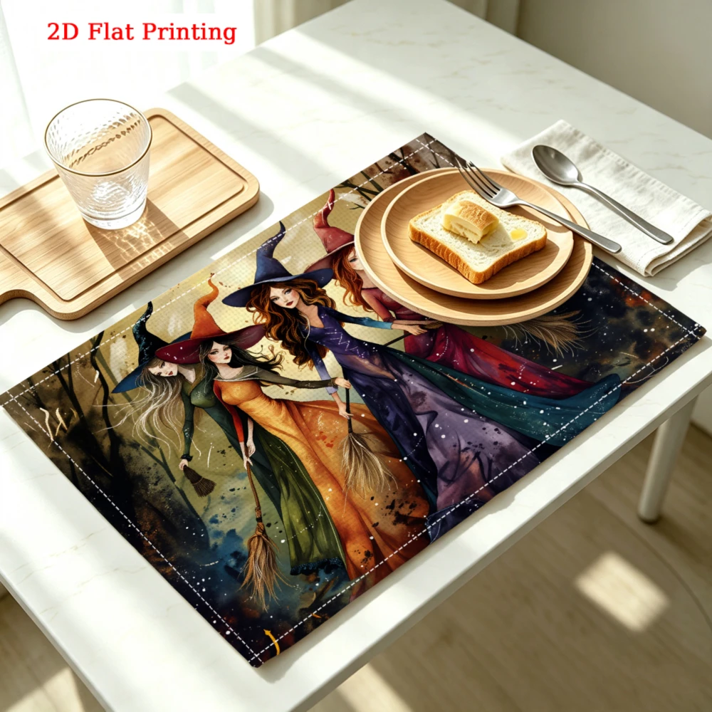 Witches In Forest Kitchen Placemat Witches In Forest Linen Pad Dish Coffee Cup Table Mat 1PC 30x40cm