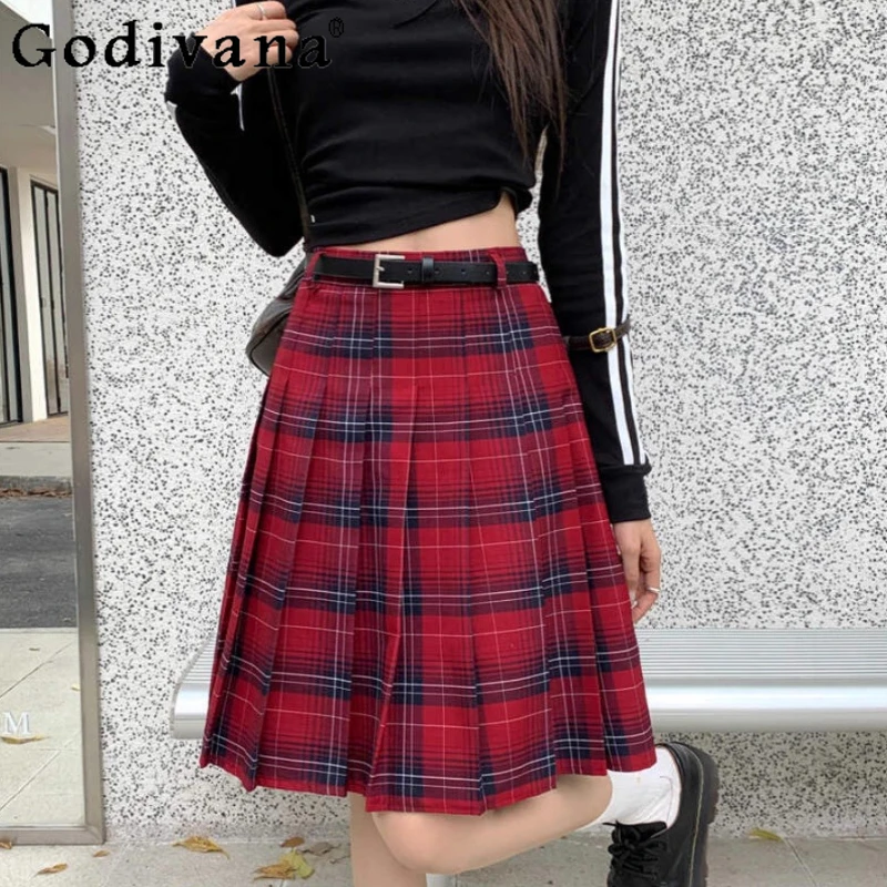 

Large Size L-4XL Retro Red Plaid Fashion Versatile Pleated Skirt Girl Spring Summer College Jk High Waist A-line Long Skirts