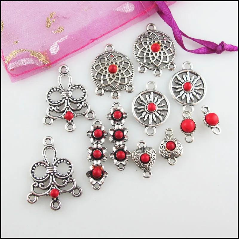 Fashion New Red Turquoise Stone Connectors Charms Flower Heart Tibetan Silver Plated Pendants Retro