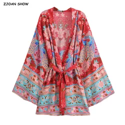 BOHO Women Red Flower Peacock Print Kimono Cardigan Holiday Bat Full Sleeve Tide Bow Sashes Shirt Loose Robe Beach Cape