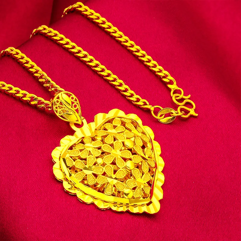 

24K Gold Flower & Heart Necklace | Diamond-set roses, layered heart petals, delicate chain, elegant romance