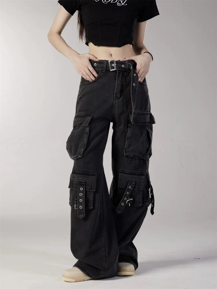 2025 Cyber Y2K Streetwear Washed Black Baggy Cargo Jeans Pants For Women Clothing Multi Pockets Hip Hop Lady Trousers Ropa Mujer