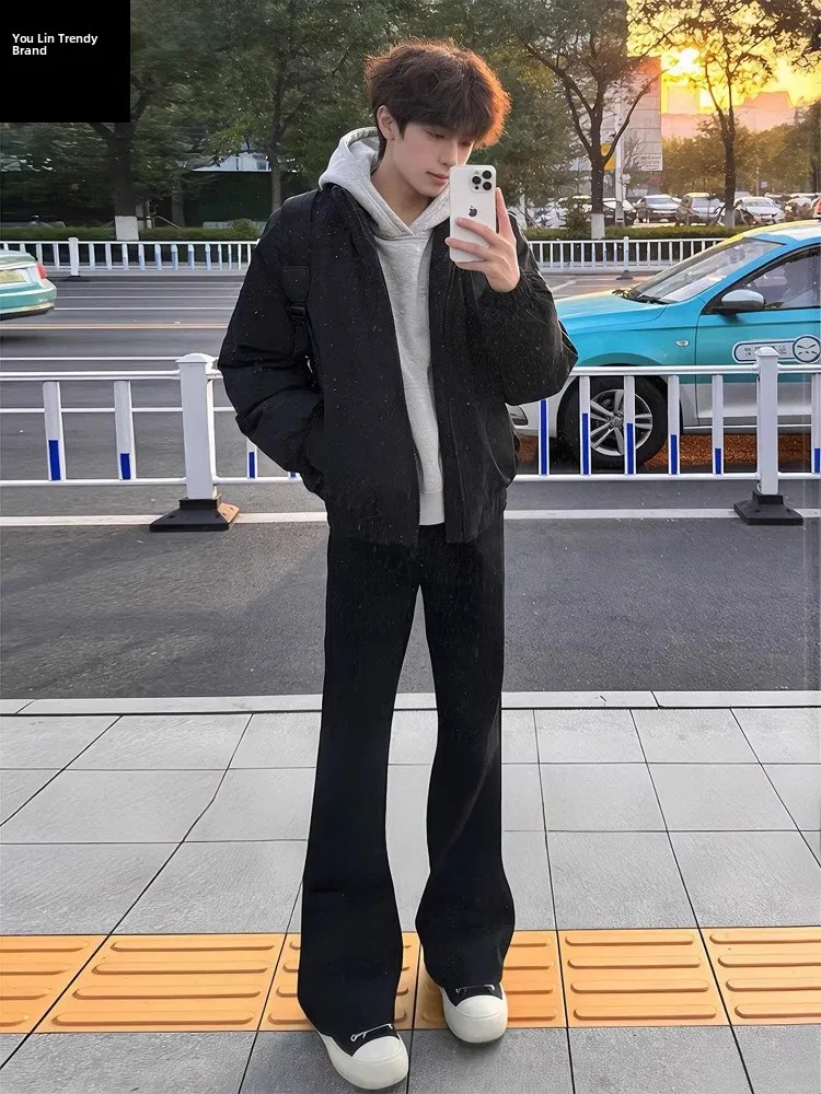 

Cleanfit Black Bell Bottom Jeans Men's American High Street Vibe Knife Slimming Rise Straight Leg Jeans Casual Wear