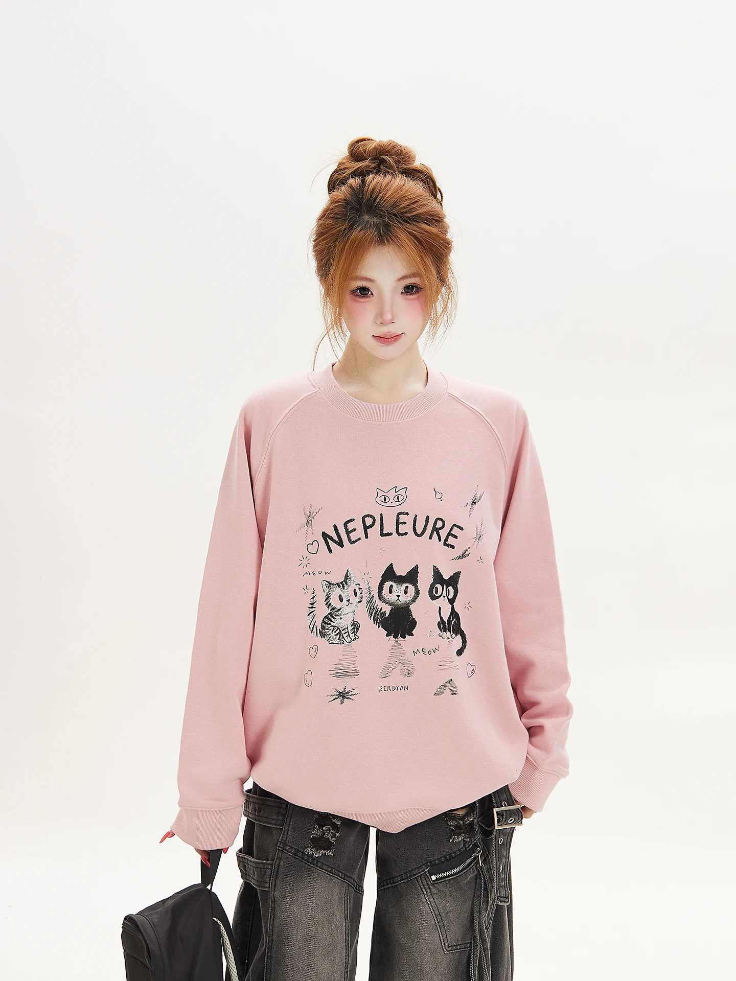 Loose Long Sleeve round Neck  Print Sweatshirt Women's Korean Style Animal Patterned Pullover Outerwear Pink Casual Hoodie