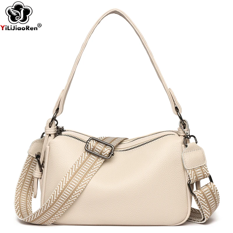 

100% Cowhide Handbag and Purses New Fashion Shoulder Bag with Wide Straps Women Soft Genuine Leather Crossbody Messenger Bag