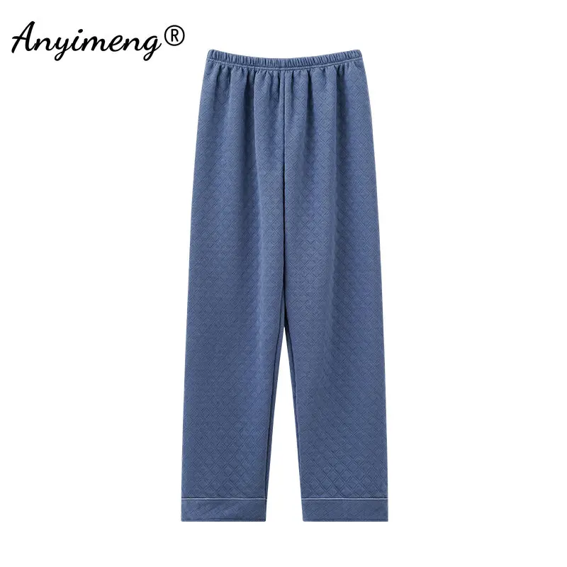 Winter Casual Fashion Sleep Bottoms for Man Three Layer Cotton Home Pants Warm Elastic Pants Deep Blue Solid Bottom for Men