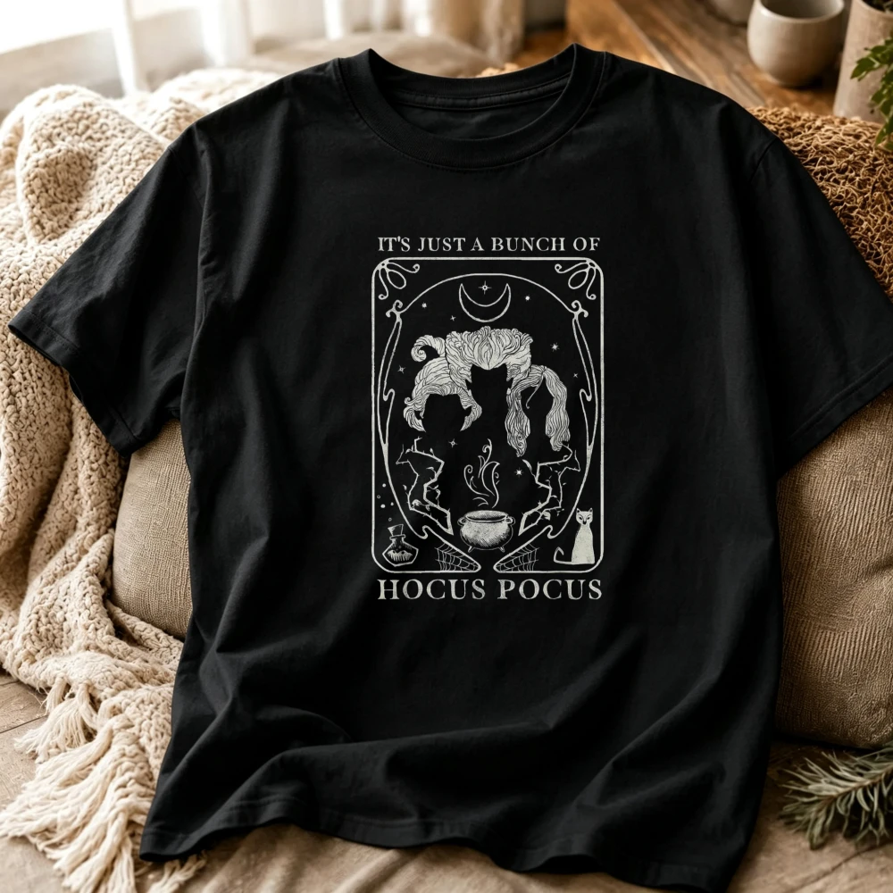 Camiseta Hocus Pocus para Hombre, Negra, Manga Corta, con Gráfico de Bruja de Halloween, Cuello Redondo, Estilo Vintage, Retro, Casual, para la Temporada de Terror, Verano
