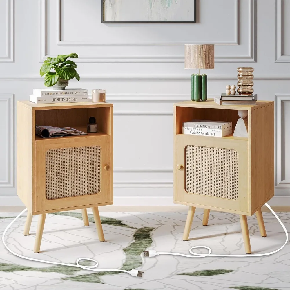 

Nightstands Set of 2 with Charging Station, Boho Bedside Tables with Solid Wood Feet, Mid Century Side Table with Rattan Decorat