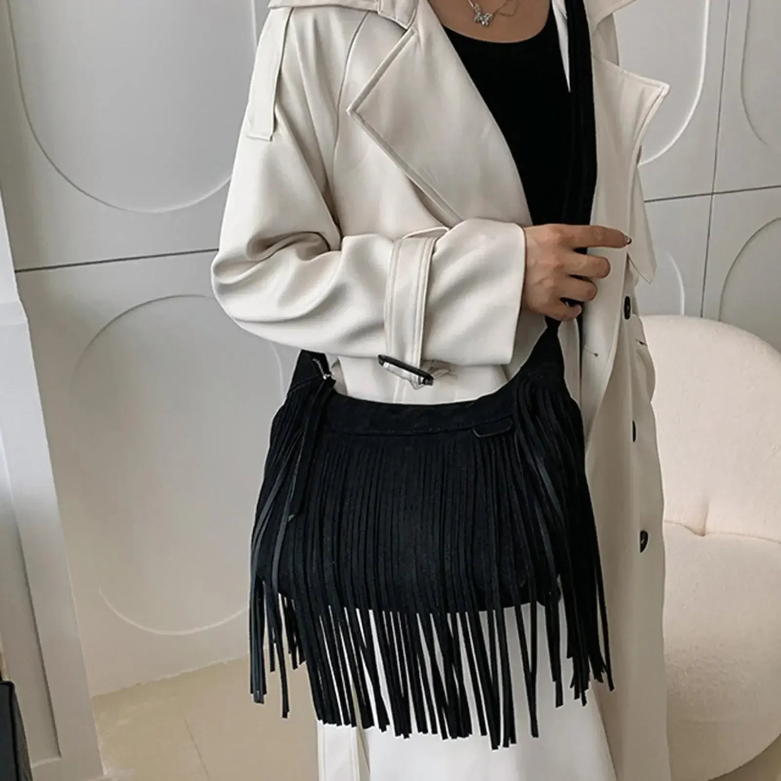 New Large Retro Fringed Handbag Totes Bag PU Messenger Bag Zipper Soft Ethnic Style Women’s Fringed Leather Shoulder Bag