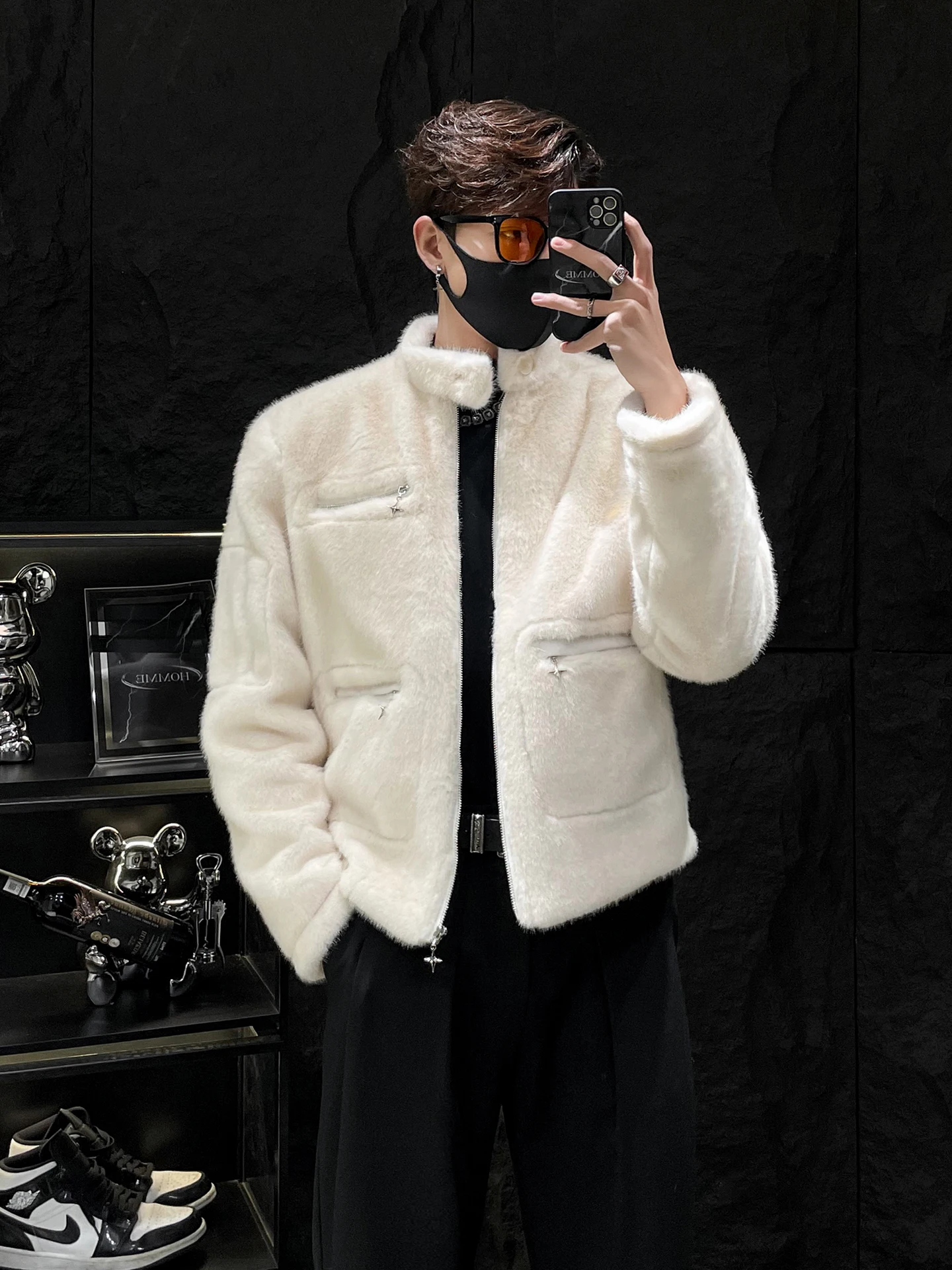 HOMME Herren Ort Kaninchenfell Jaet Stehkragen Warm Casual Faion Oberbekleidung Thiened Loose Fit Reißverschluss Mantel