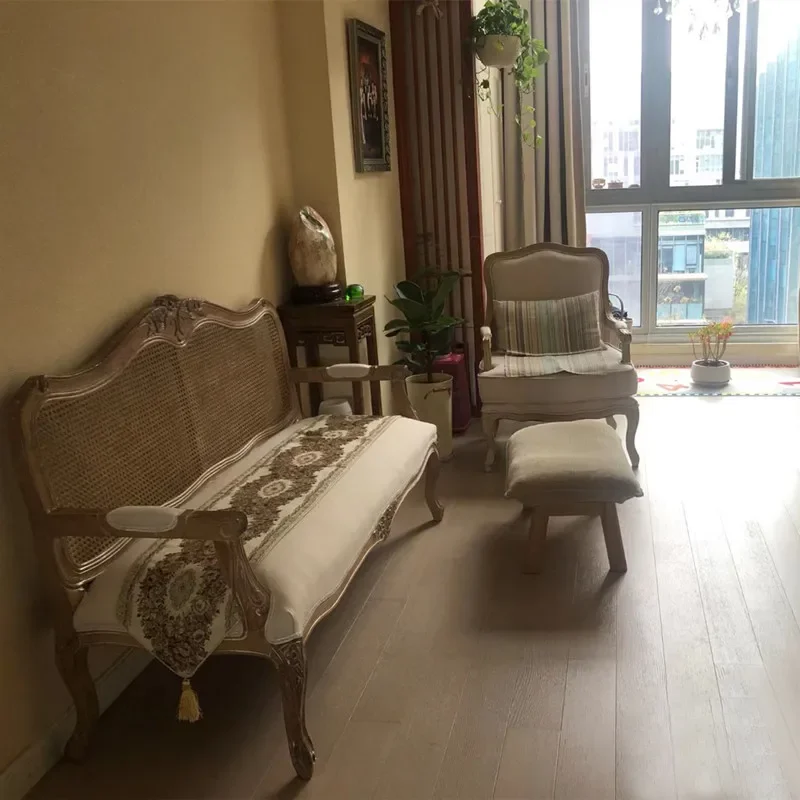 American country solid wood carving flower French rattan gold old double triple sofa studio photography