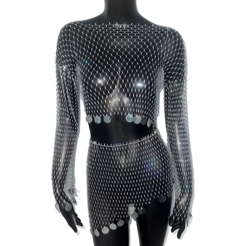 

Fishing net rhinestone sequined long-sleeved top skirt two-piece set, party set