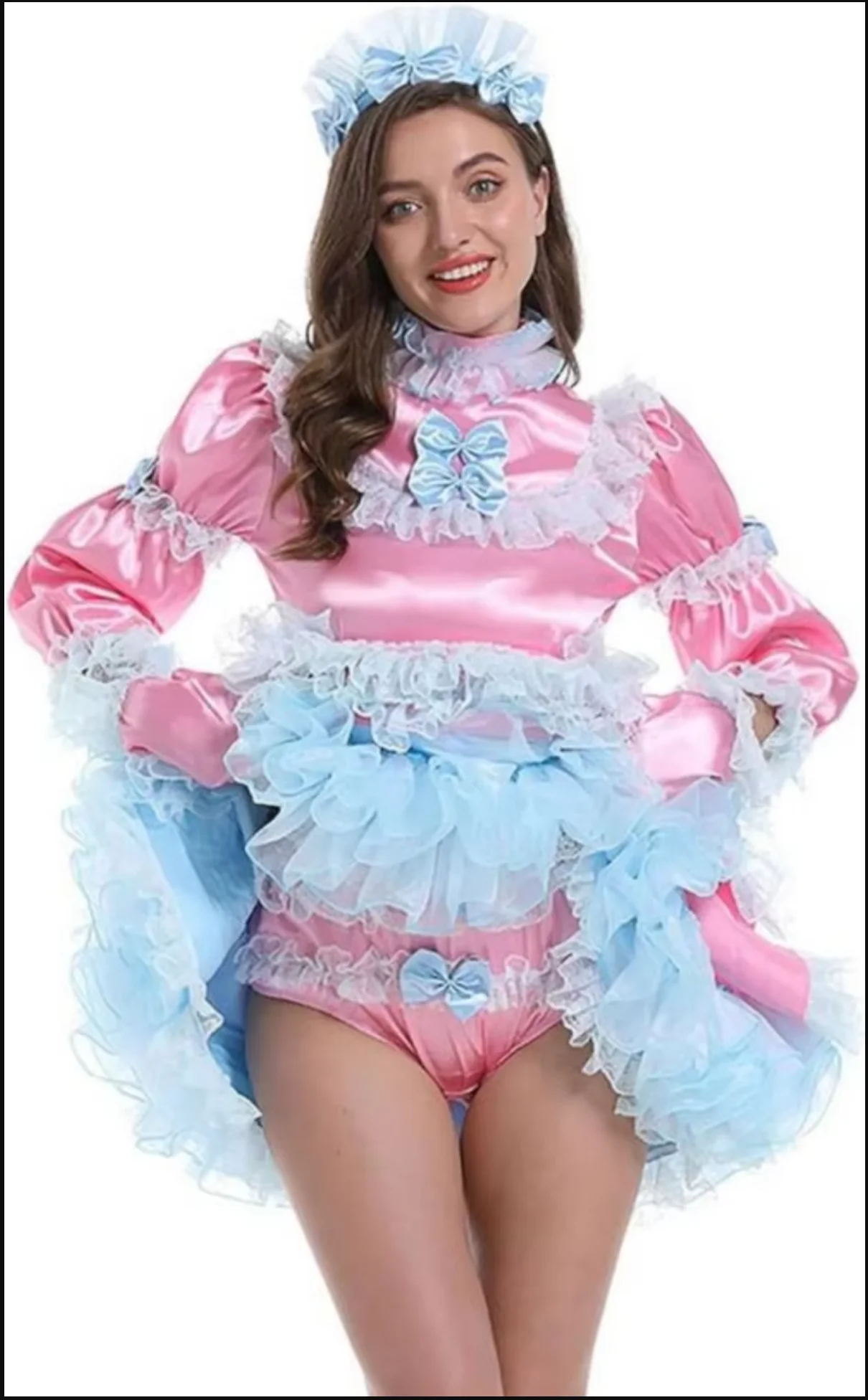 

French Sexy Adult Custom Fetishist Cross Dressing Sissy Pink Long Sleeved Gothic Patchwork Blue Organza Dress