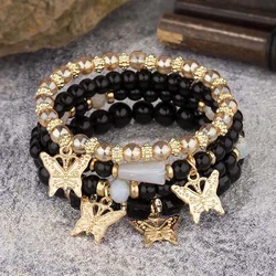 4Pcs Bohemia Butterfly Charm Bracelet Set For Women Acrylic Beads Elastic Chain Bangle Men Wristband Fashion Party Jewelry Gift