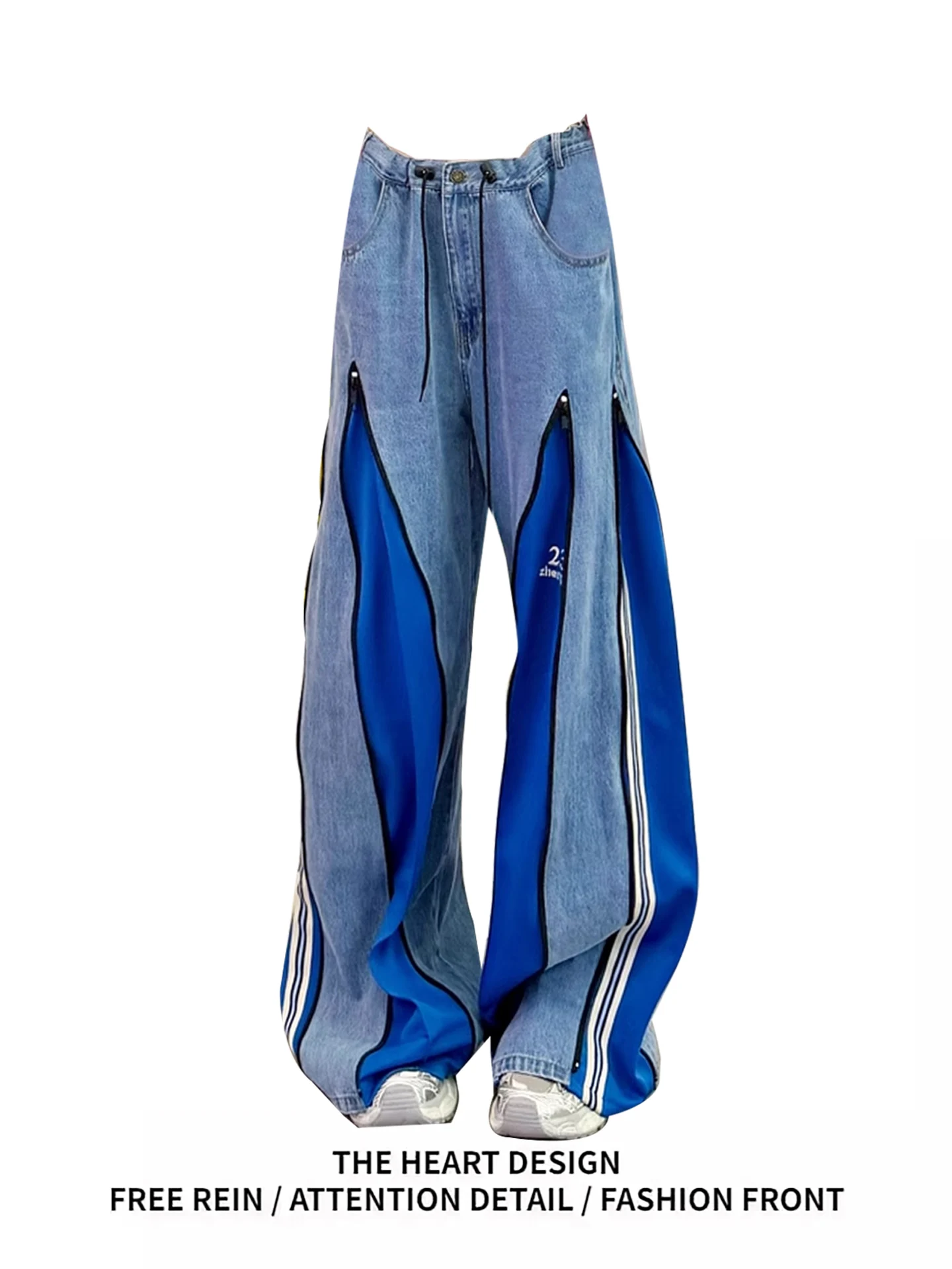 

American Retro Color Blo Zipper Loose Women's Jeans High Waist Wide Leg Pants Casual Sle High Wear Resistance Blue Denim