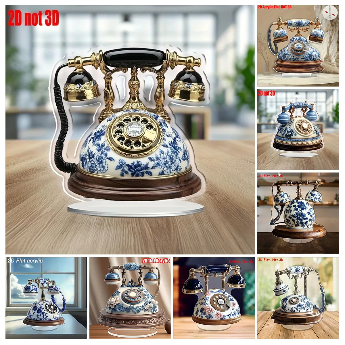 2D Flat Acrylic Blue & White Porcelain Telephone Stand Table Decoration,Home,Office,Cafe,room,Studio,Desktop Ornament Sign Gift