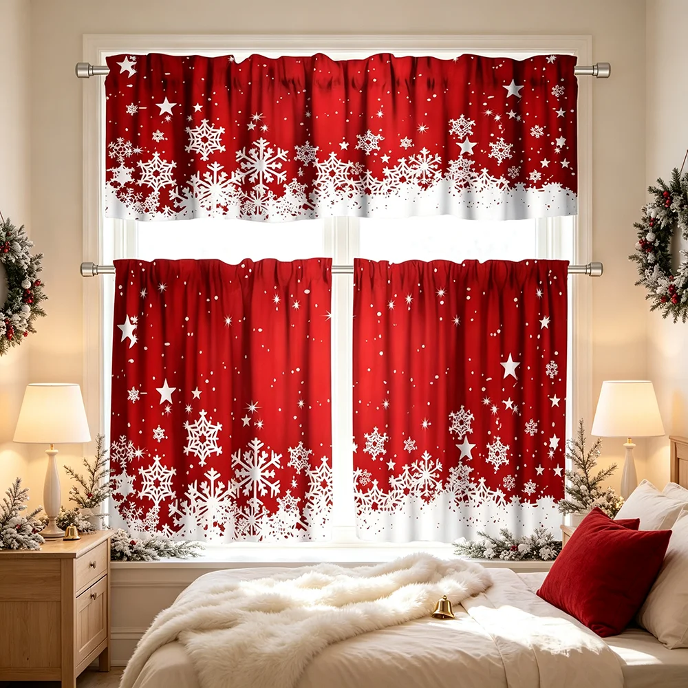 Christmas red snowflake curtains, small window decoration for holidays and winter, suitable for kitchen and living room
