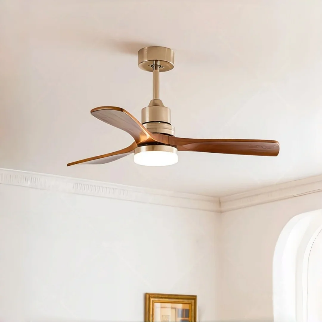52 Inch American Style Ceiling Fan with Light, Real Wood Blades 3 Color Dimmable LED Ceiling Fan Light Fixture for Living Room