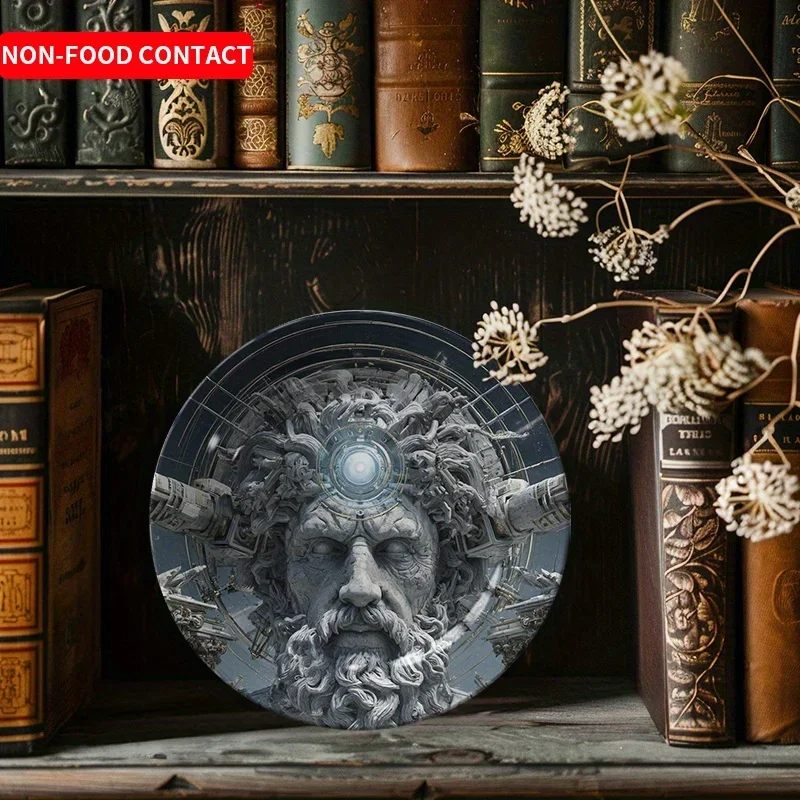 1pc Art Deco Ceramic Decorative Plate with for Man Statue Design - Round Non-Food Contact Home & Study Decor, Perfect Gift for