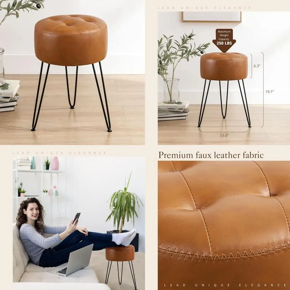 

Brown Leather Vanity Stool with Metal Legs, 19 Tall, Suitable for Makeup Rooms and Living Spaces