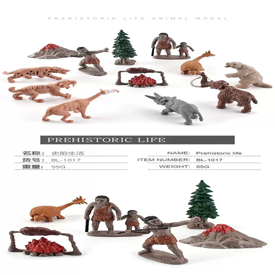 6PC-Prehistorische Mensen Leven Scène Menselijke Evolutie Wilde Sabeltandige Tijger Mammoet Dieren Model Actiefiguren Collectie speelgoed