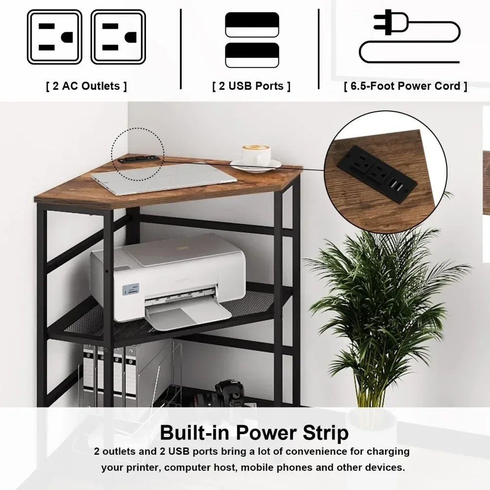 Corner Printer Stand Table With Power Outlet Charging Plugs USB Port Adjustable Storage Shelf Computer Tower CPU Stand Holder