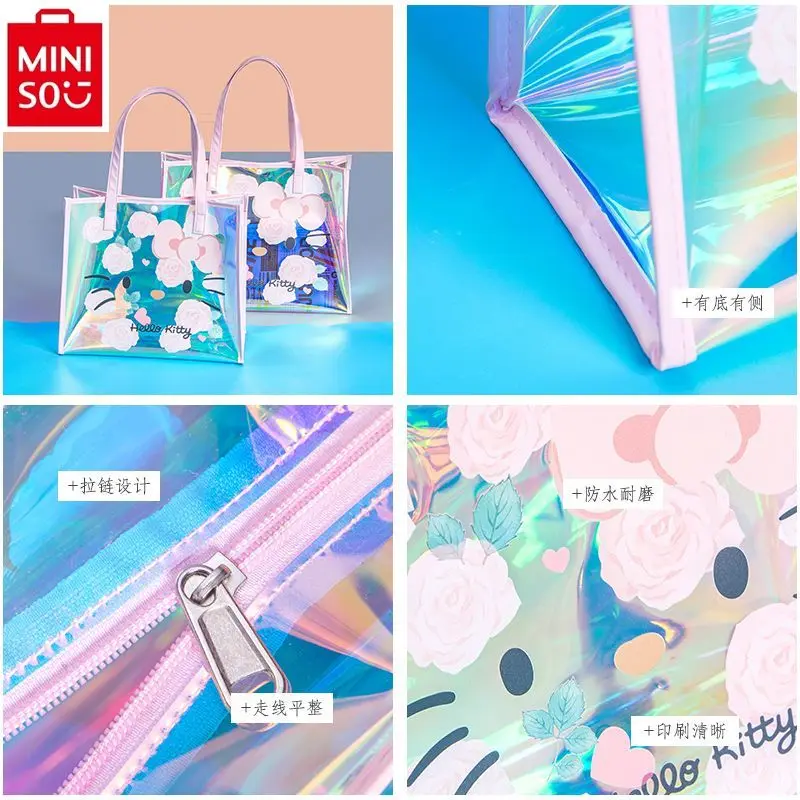 Miniso 2024 moda nova laser colorido transparente olá kitty feminino ao ar livre grande capacidade à prova dwaterproof água saco de praia portátil