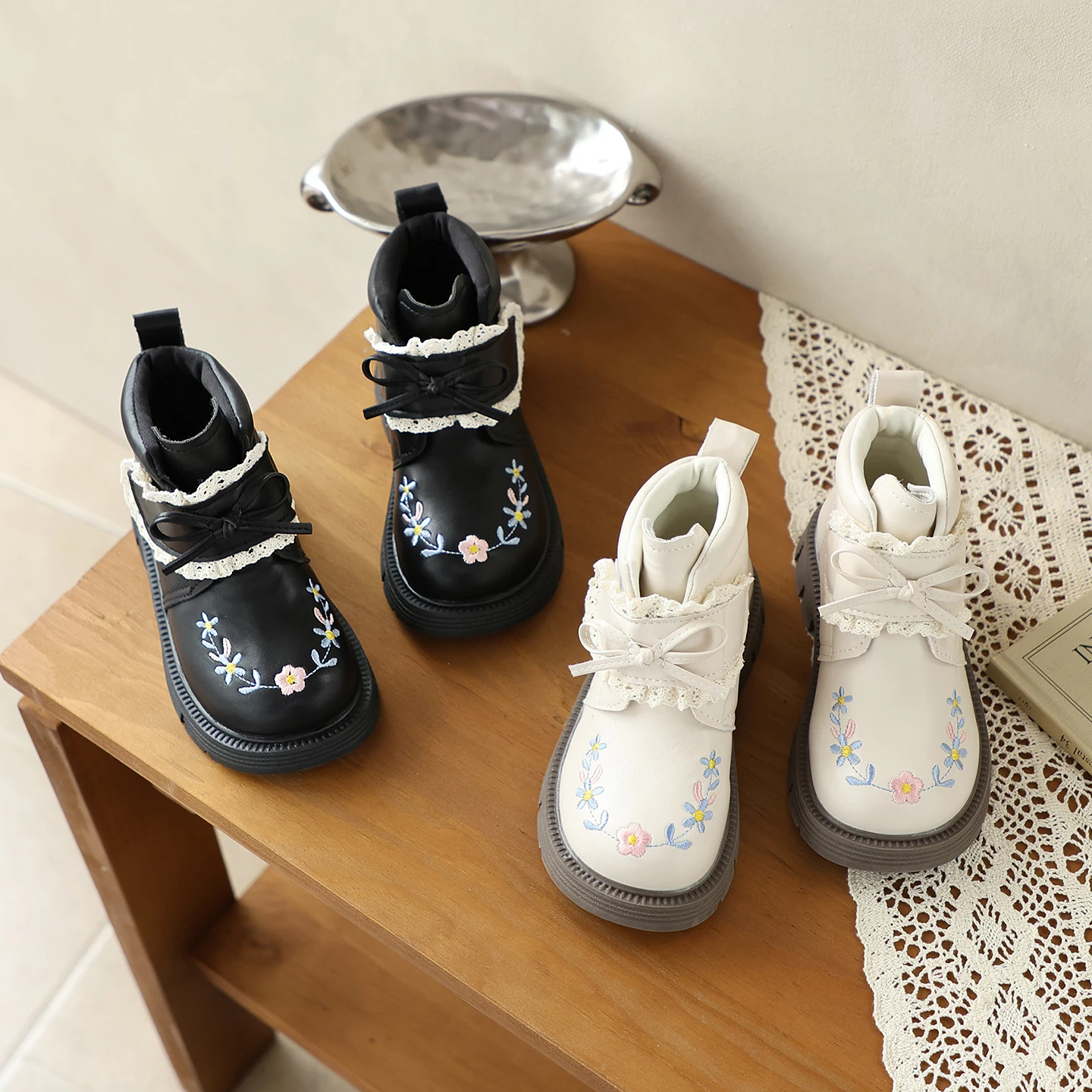 

Kids Girls Floral Embroidered Ankle Boots with Lace Trim, Soft Non-slip Sole, Cute & Comfortable Footwear for Fall & Winter Wear