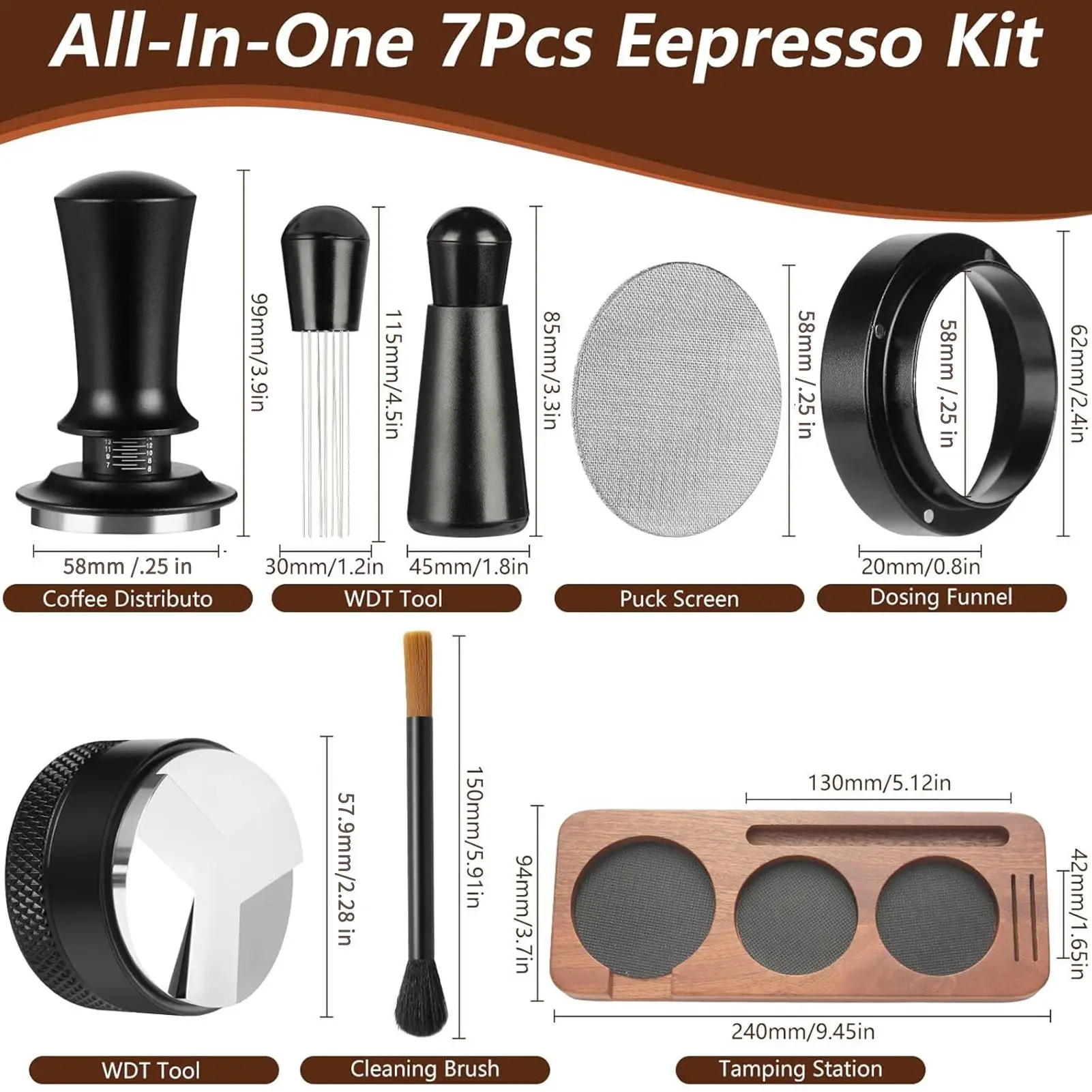 

7pcs Coffee Tamper 58mm Coffee Powder Press Tamping Set Espresso Machine Tamper Including Press Dosing Ring Press Pad Dispenser